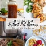 Four images, one of a jar of bone broth, the other of four chicken thighs on a plate, one of a roast with carrots, and another with a bowl of yogurt, fruit and granola.