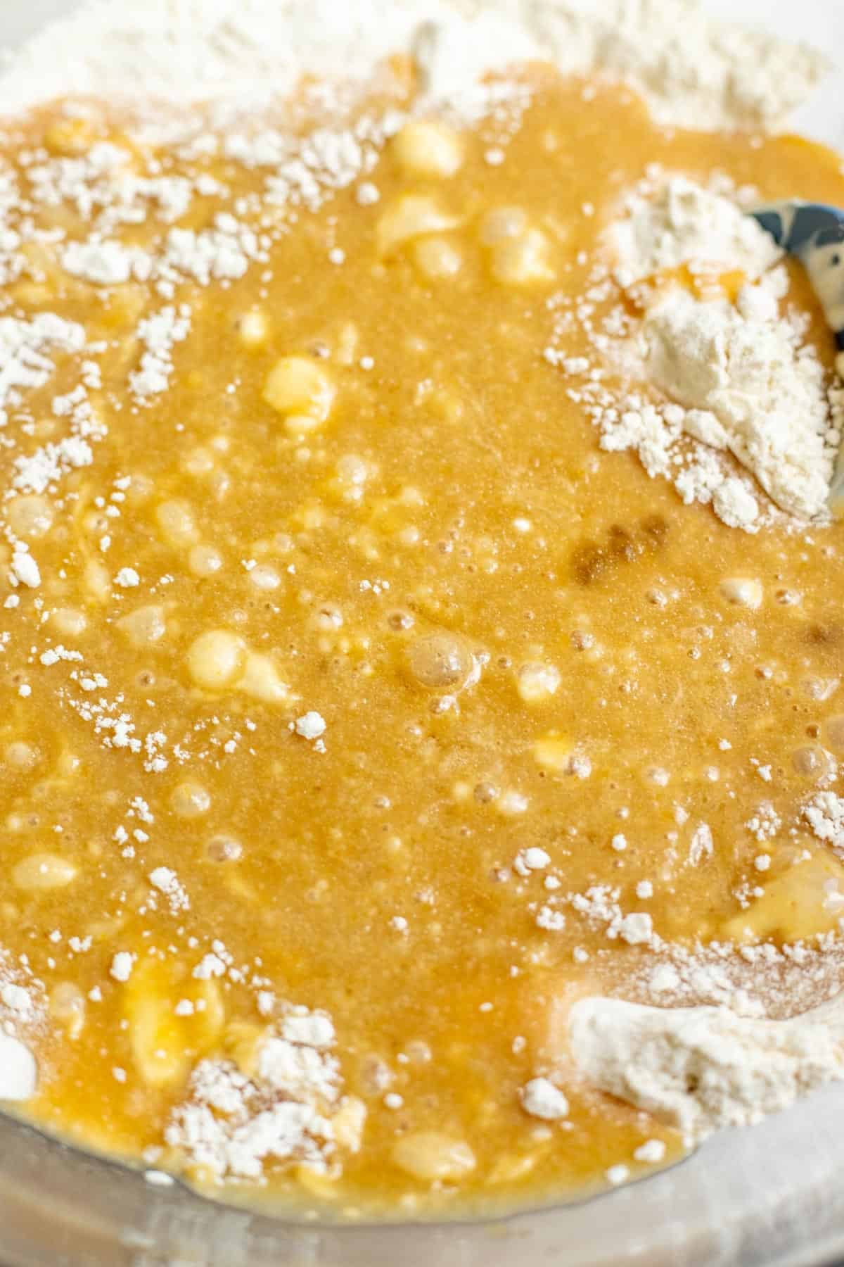 Melted butter, sugar, sourdough starter, and eggs whisked together in a bowl.