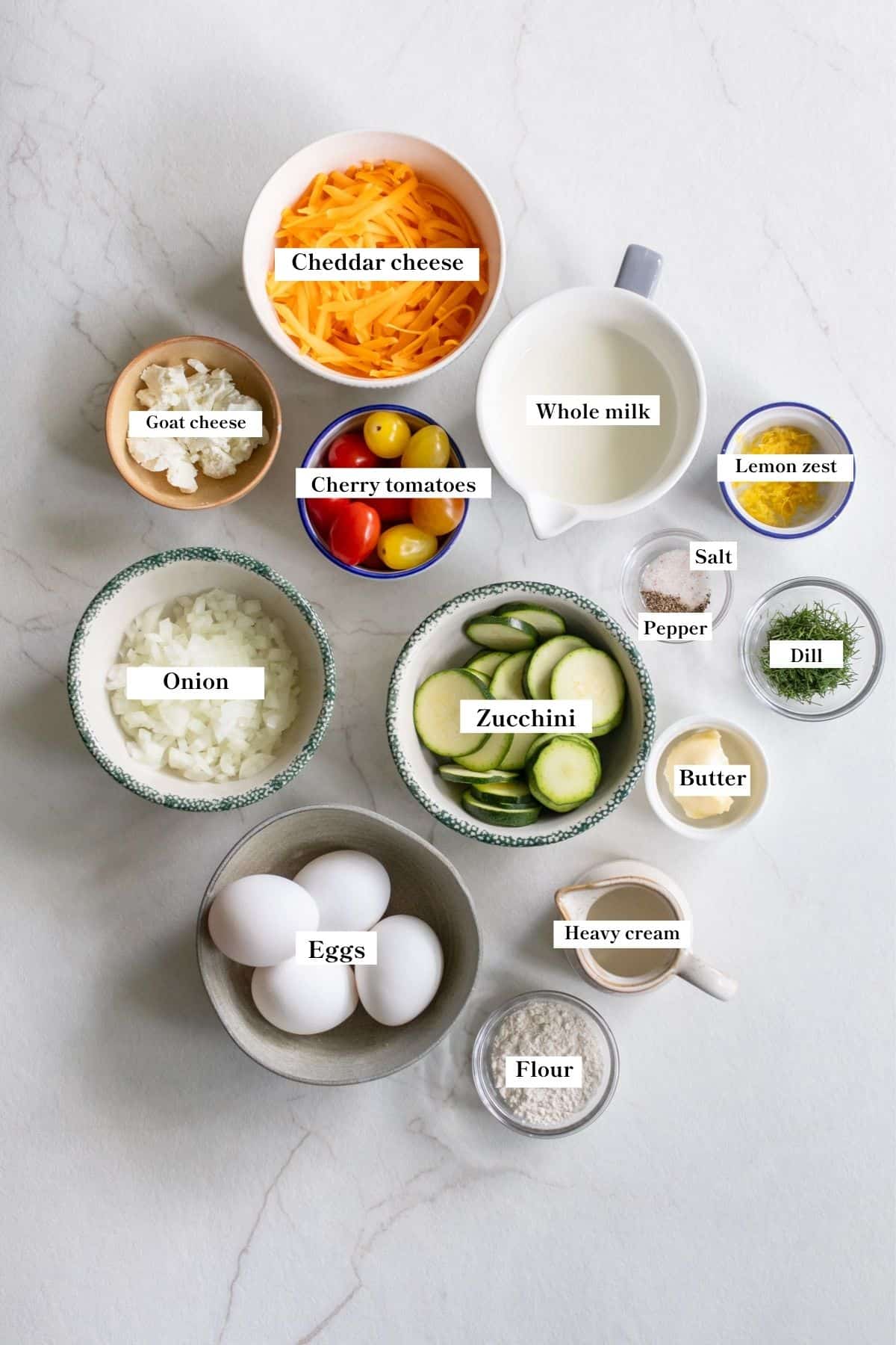 Ingredients in bowls on a counter top.
