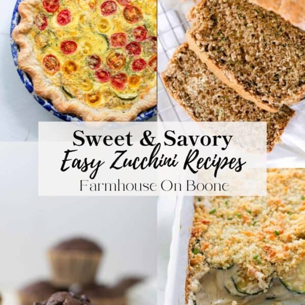 A collage of images including a zucchini quiche, sliced zucchini bread, a zucchini muffin, and a casserole dish full of zucchini gratin.