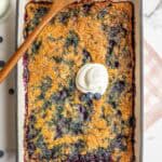 whole wheat blueberry cobbler in a 9 x 13 inch baking dish.