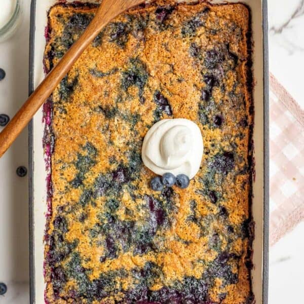 whole wheat blueberry cobbler in a 9 x 13 inch baking dish.