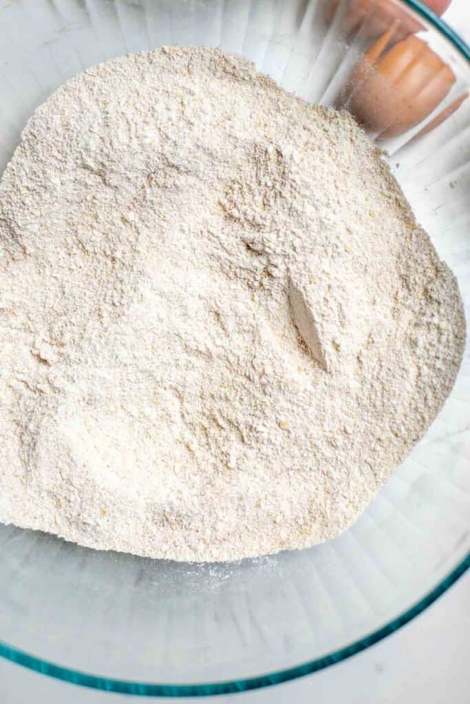 Dry ingredients in a large glass bowl.