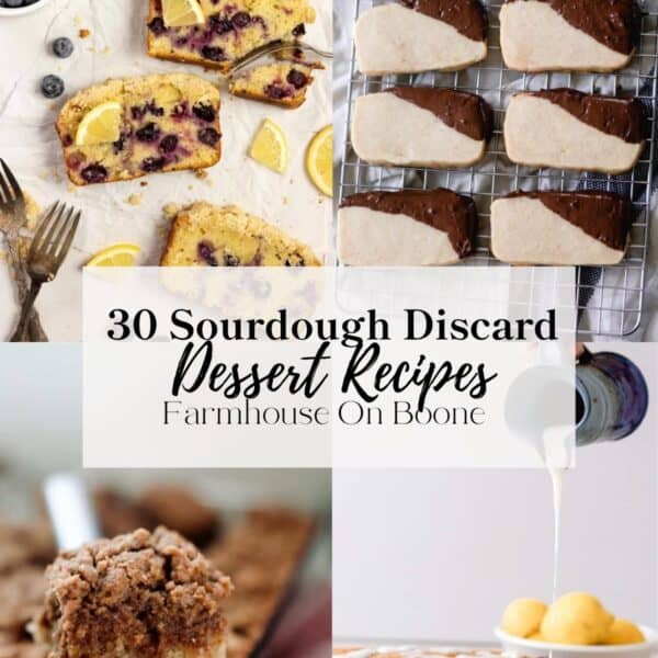 A collage of four images of sourdough discard desserts, including blueberry bread, shortbread cookies, coffee cake, and pound cake.