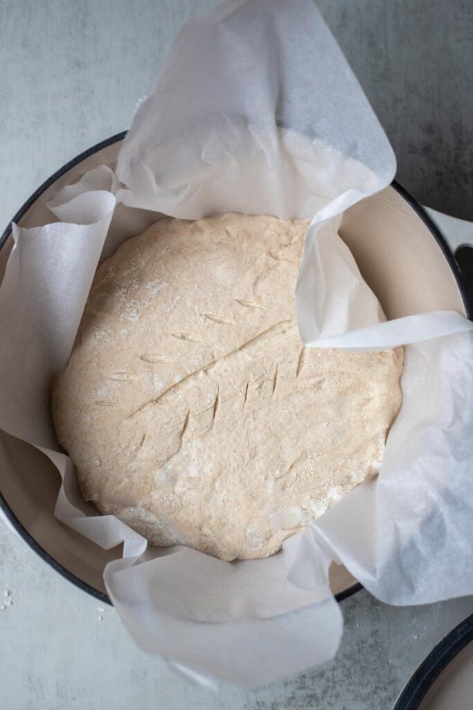 A boule scored and placed into a dutch oven lined with parchment paper.