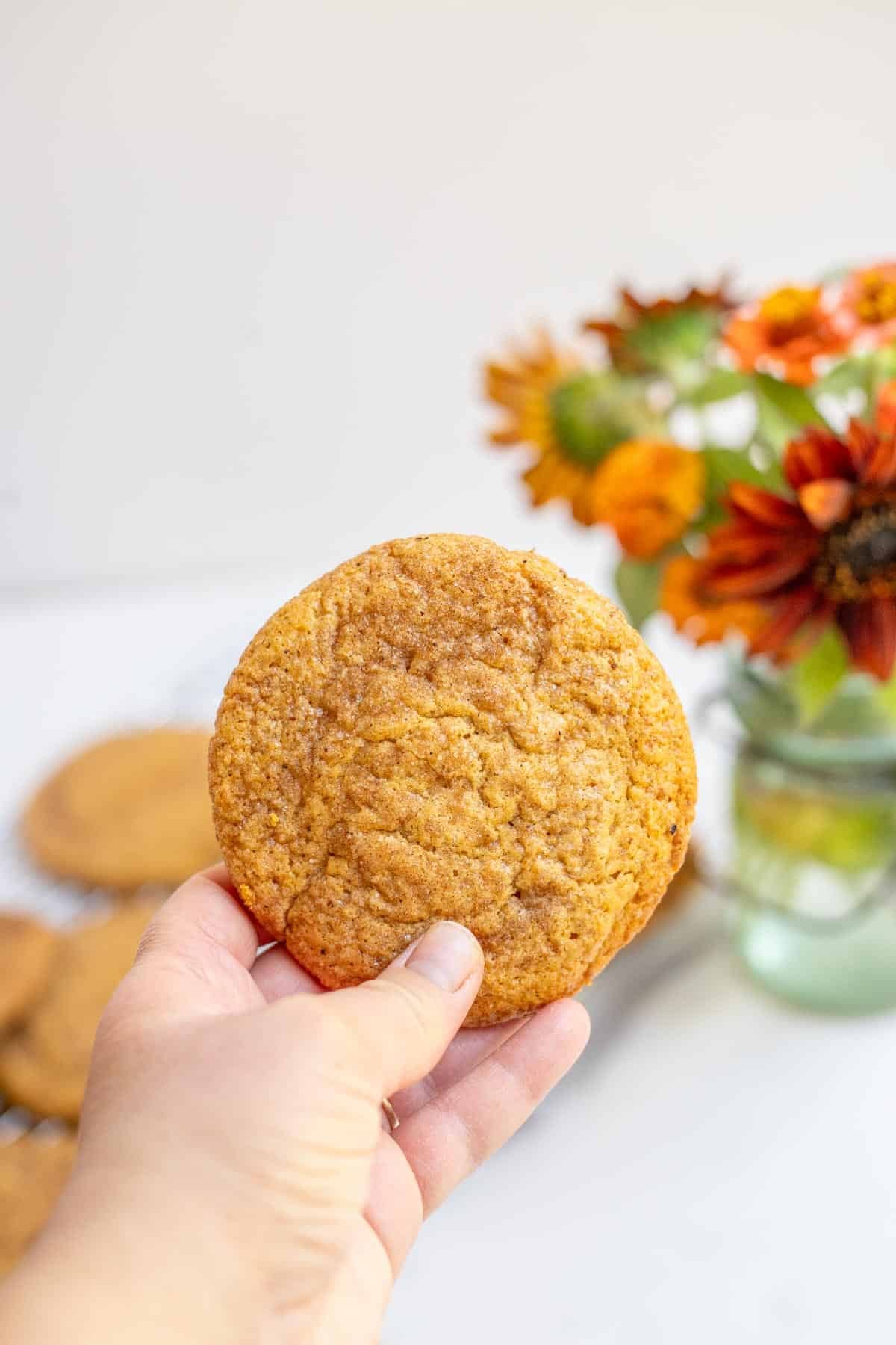 Hand holding up a sourdough pumpkin cookies with more cookies and flours in the background.