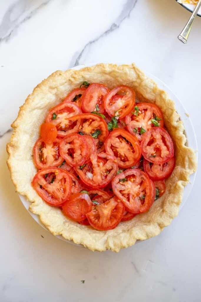 Sliced tomatoes, herbs, and onions layered in a pie crust.